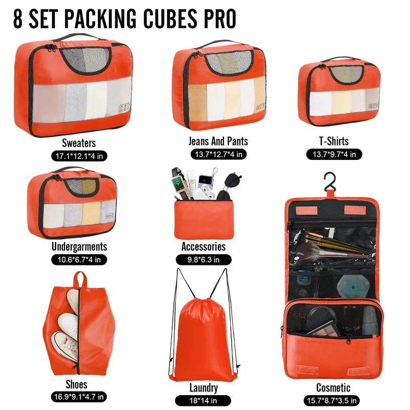 Veken 8 Set Packing Cubes for Suitcases, Travel Bag Organizers for Carry on Luggage, Suitcase Organizer Bags Set for Travel Essentials Travel Accessories in 4 Sizes(Extra Large, Large, Medium, Small) Orange 8 Pack